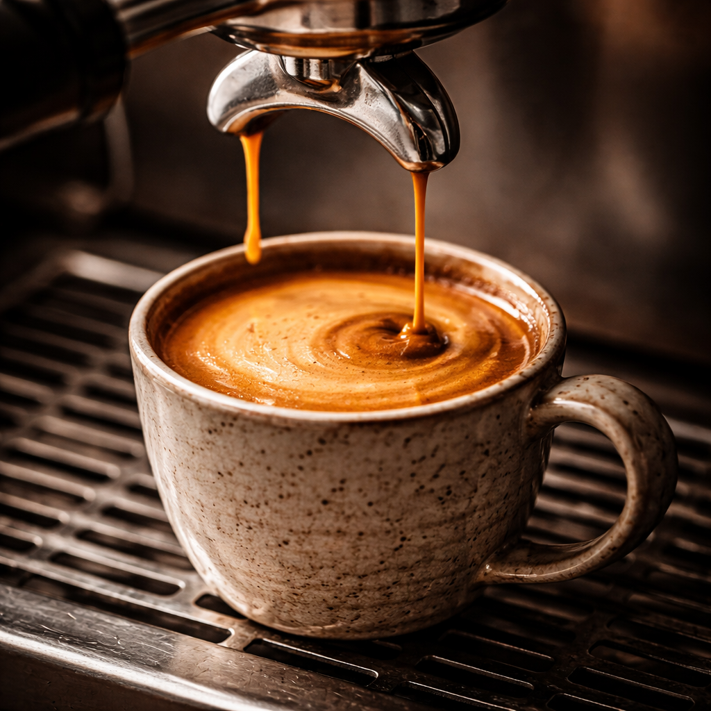 Espresso extraction flowing into a ceramic cup
