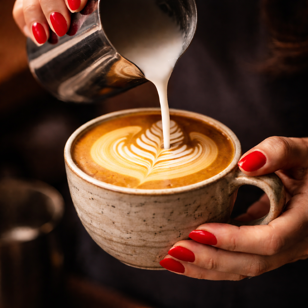 Milk being hand-poured for latte art into a cup of coffee