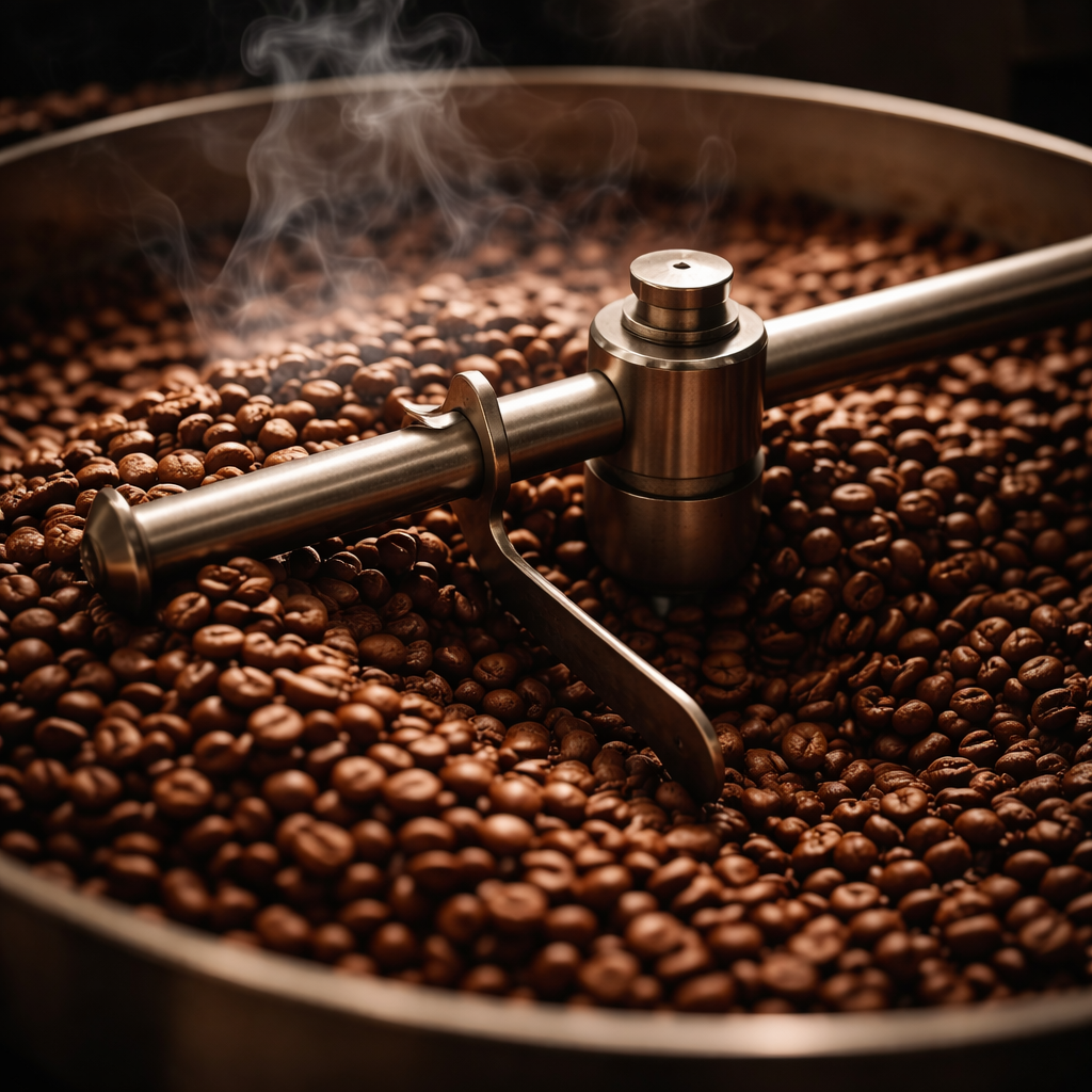 Freshly roasted coffee beans being turned in a roaster tray